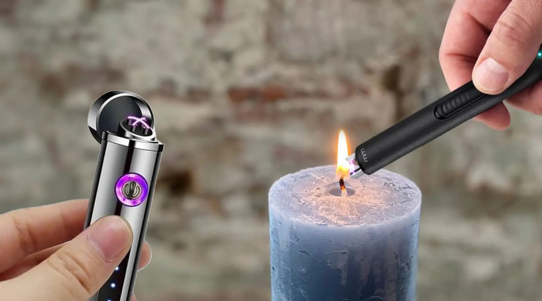 Plasma aansteker met blauwe elektrische boog naast twee jetflame aanstekers op een houten werkbank