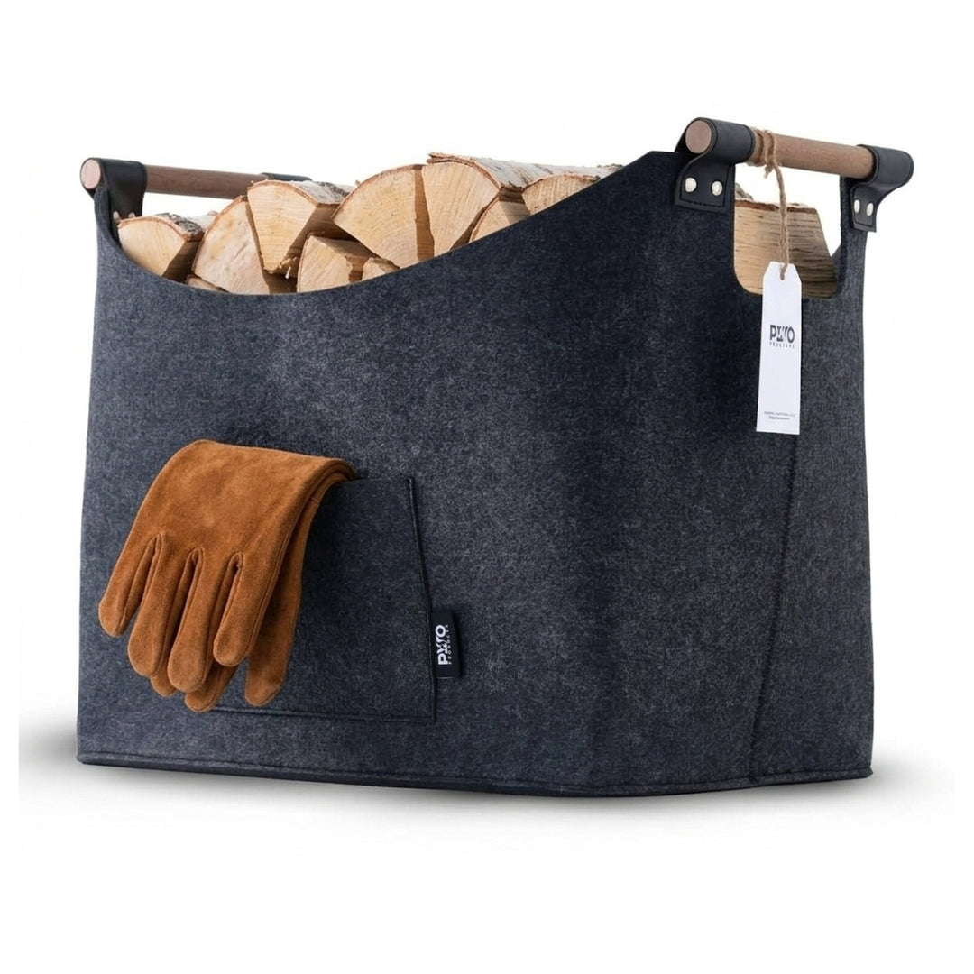 PyroProducts Holzkorb aus Filz 60 Liter gefüllt mit Kaminholz, mit Lederhandschuh in der Seitentasche